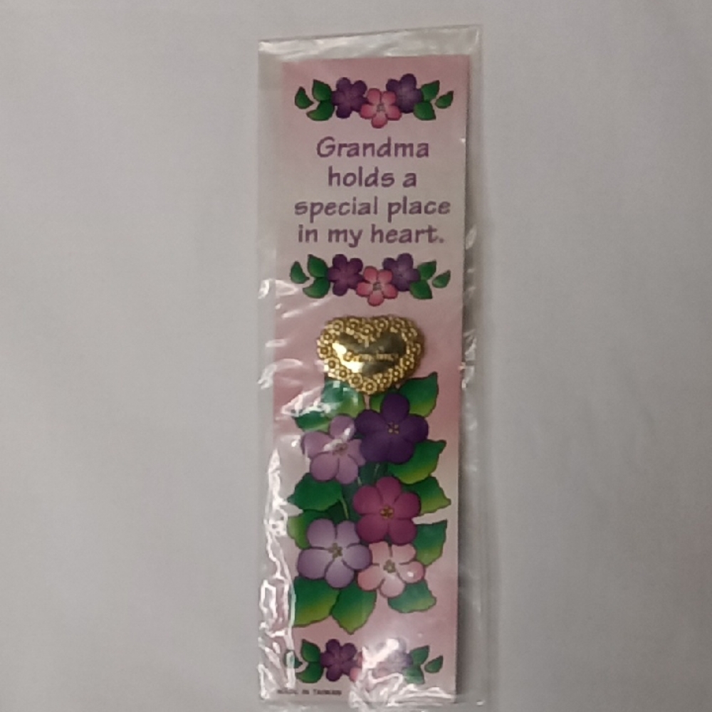 Grandma Holds a Special Place Pink Floral Bookmark with Gold Heart Pin